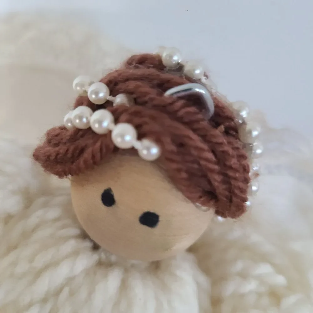 Vintage Five Yarn Mop Dolls Thimble Wood Bead Satin Ribbon Tulle Accent Handmade